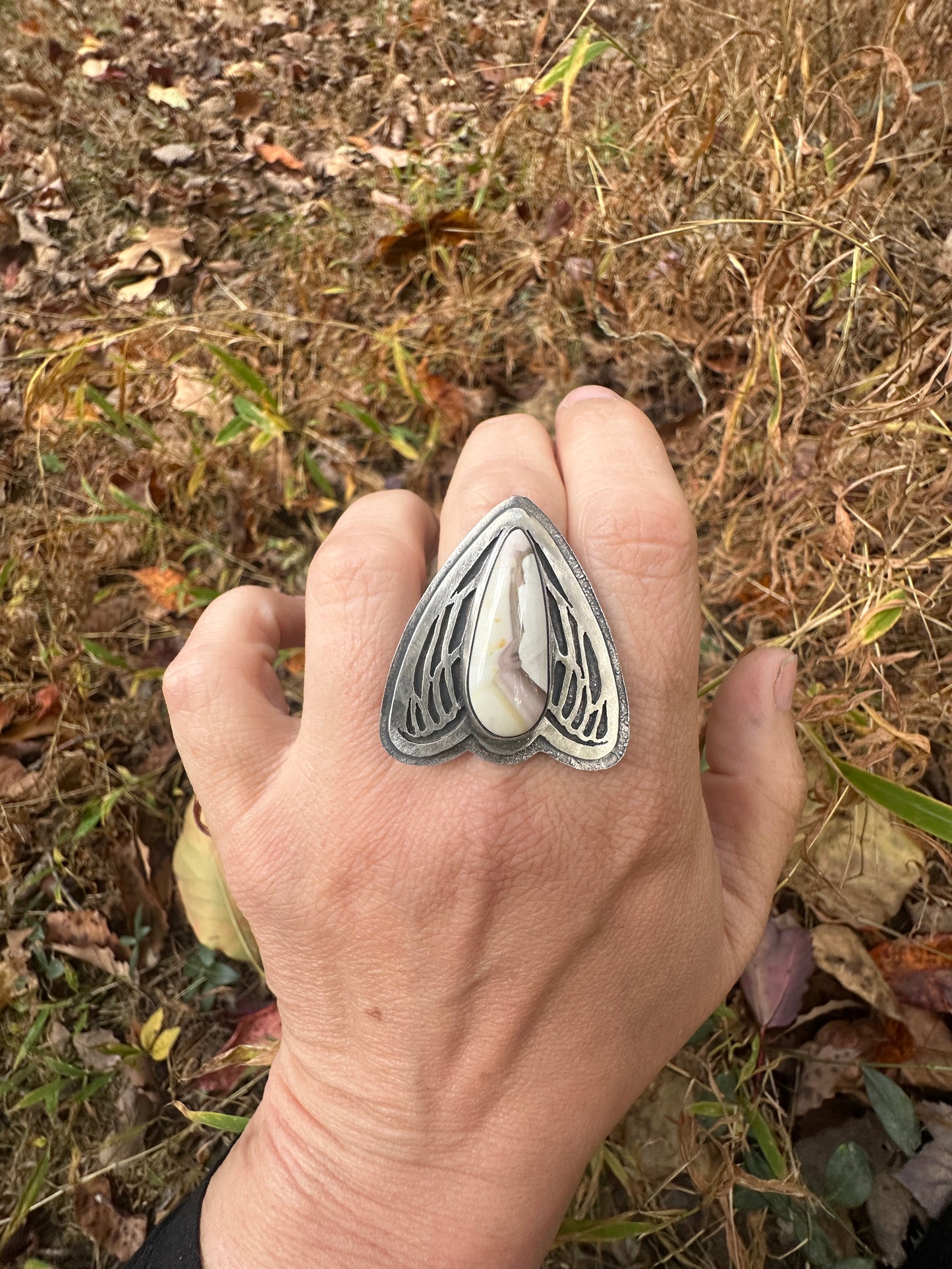White Willow Jasper winged Ring size 7.5