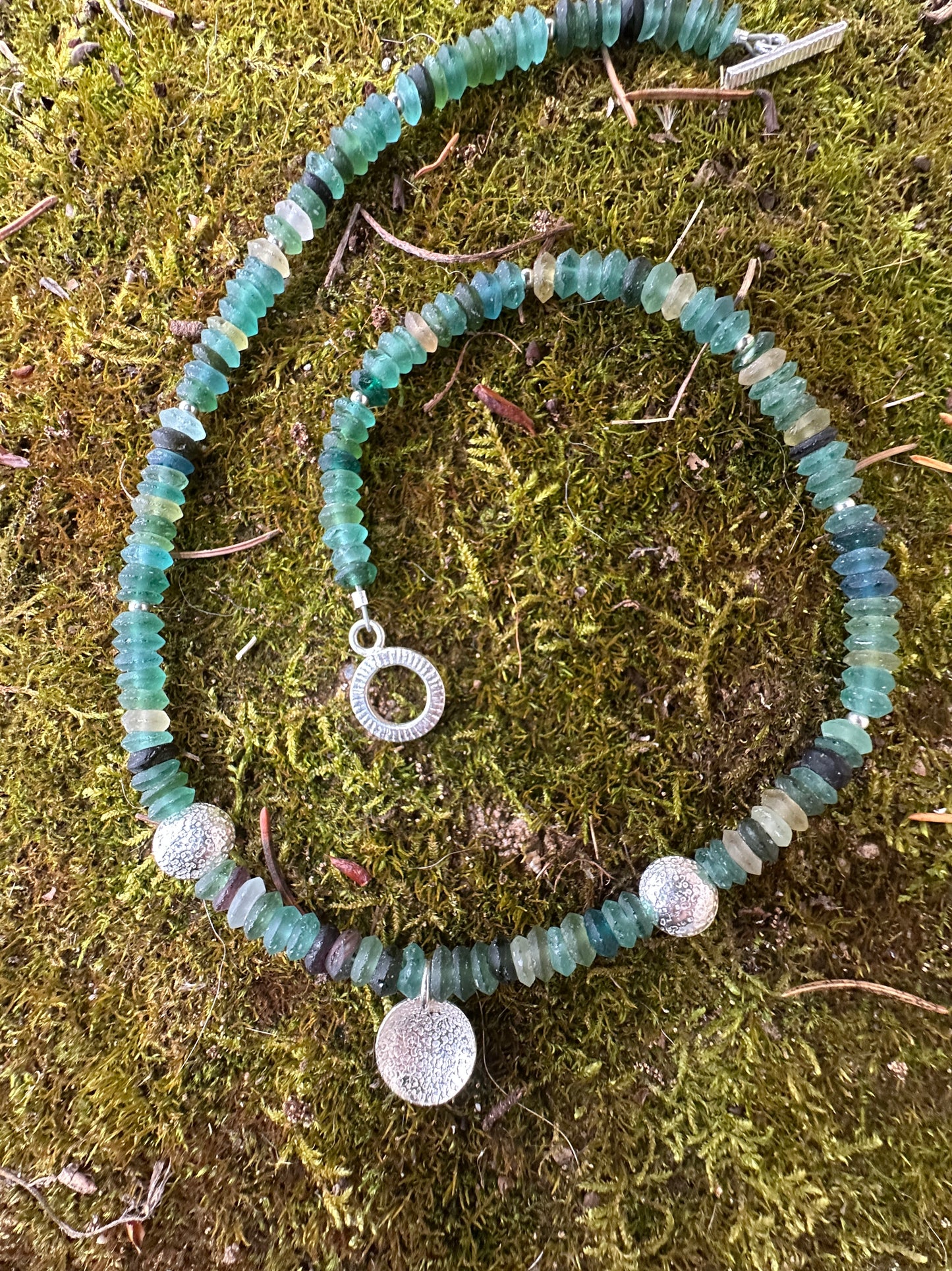 Recycled Glass and handmade sterling beads necklace