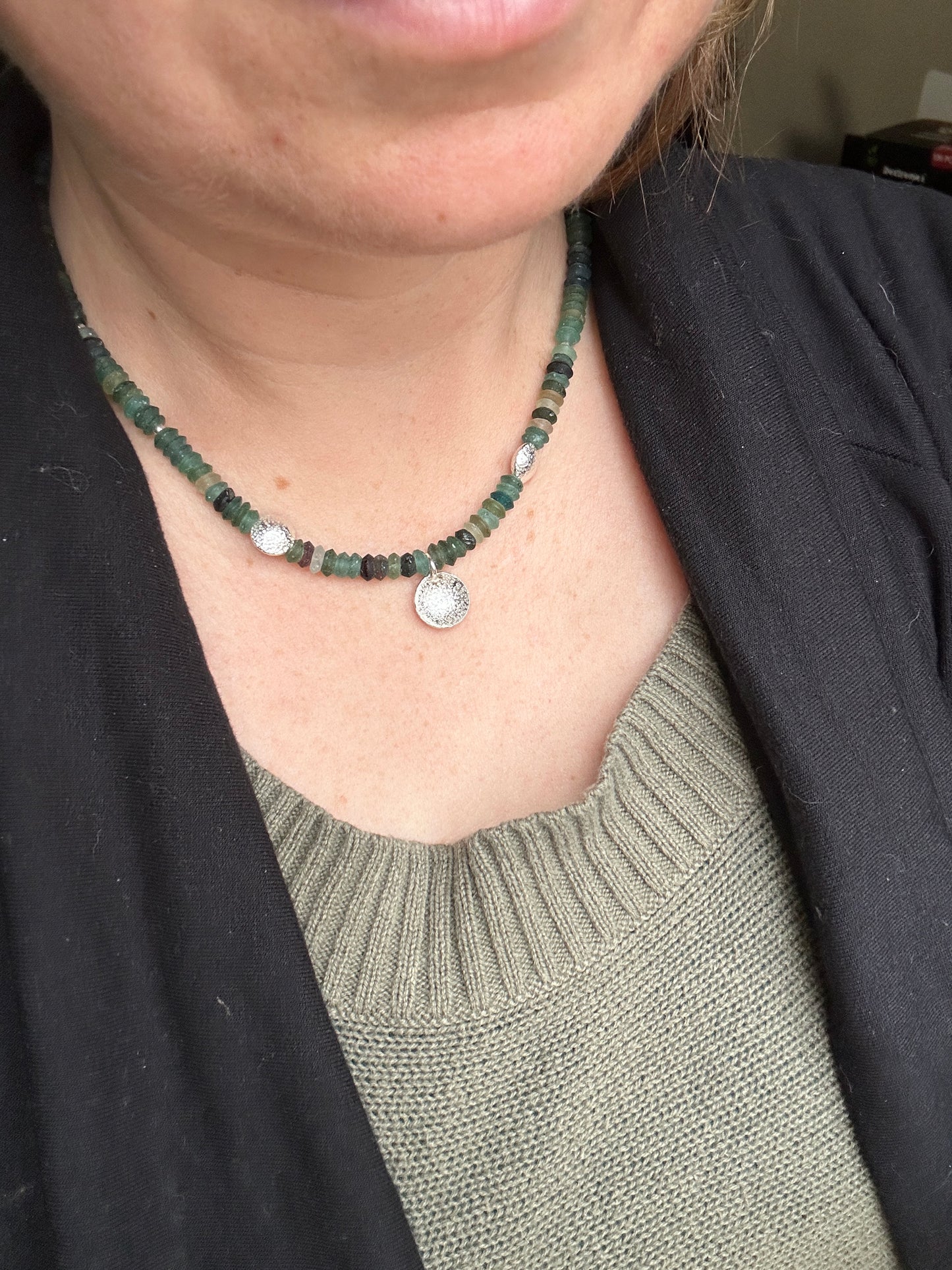 Recycled Glass and handmade sterling beads necklace