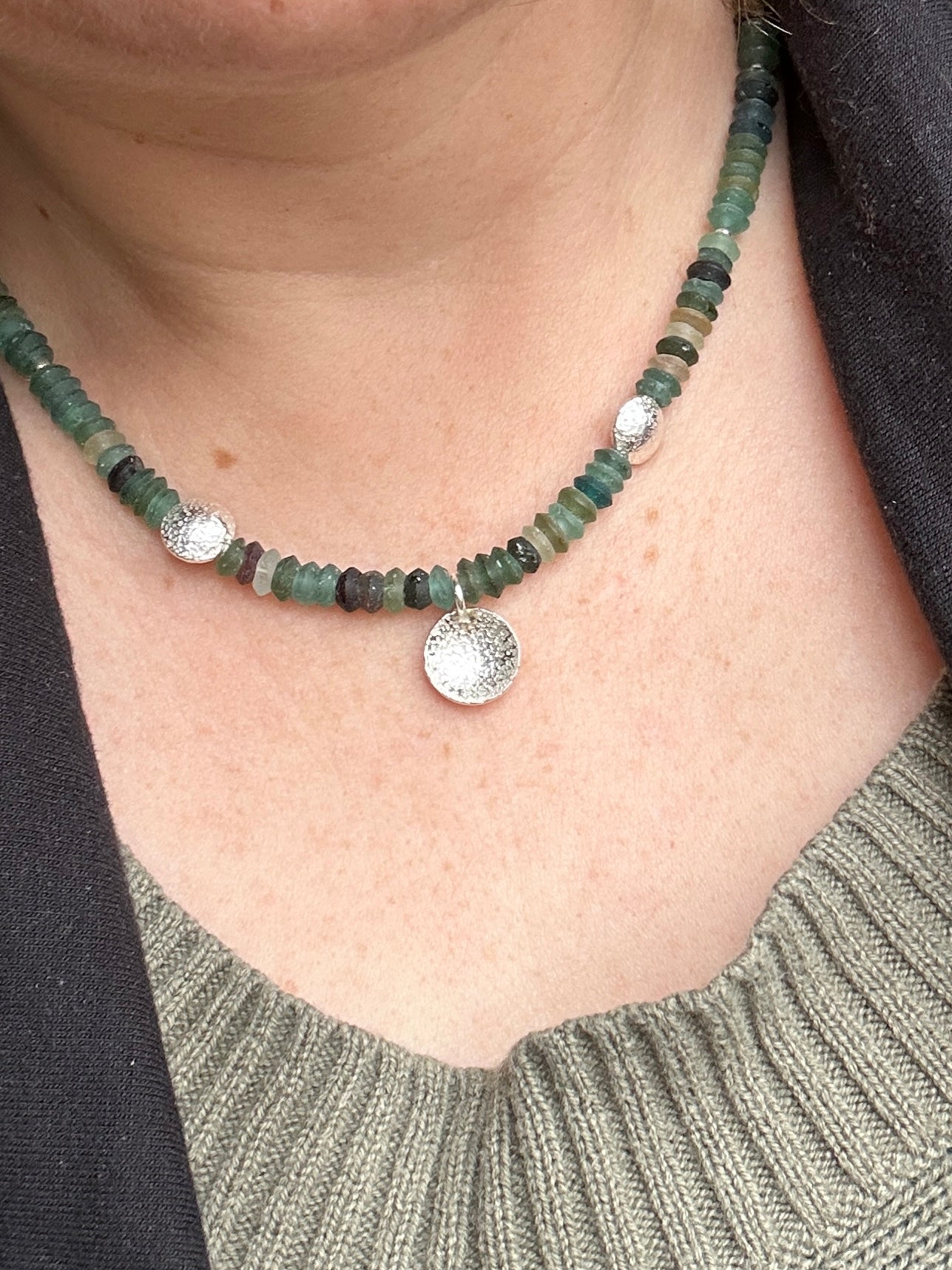 Recycled Glass and handmade sterling beads necklace