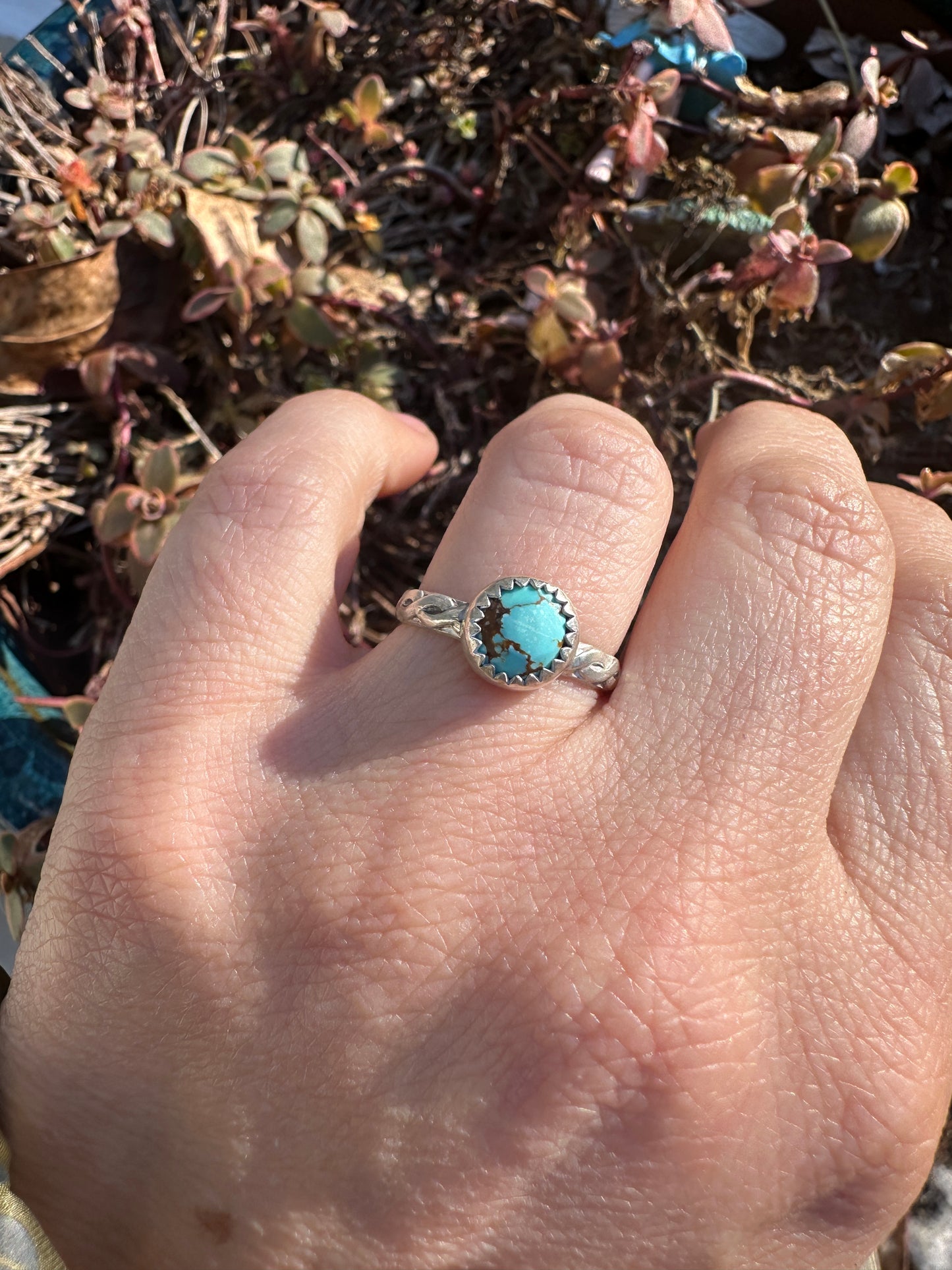 Small Round rustic turquoise ring size 7.5