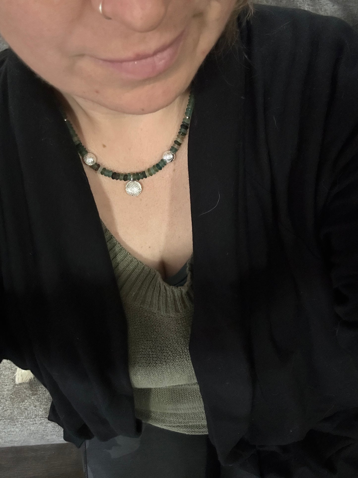 Recycled Glass and handmade sterling beads necklace