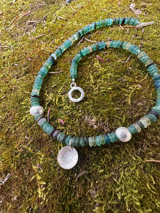 Recycled Glass and handmade sterling beads necklace