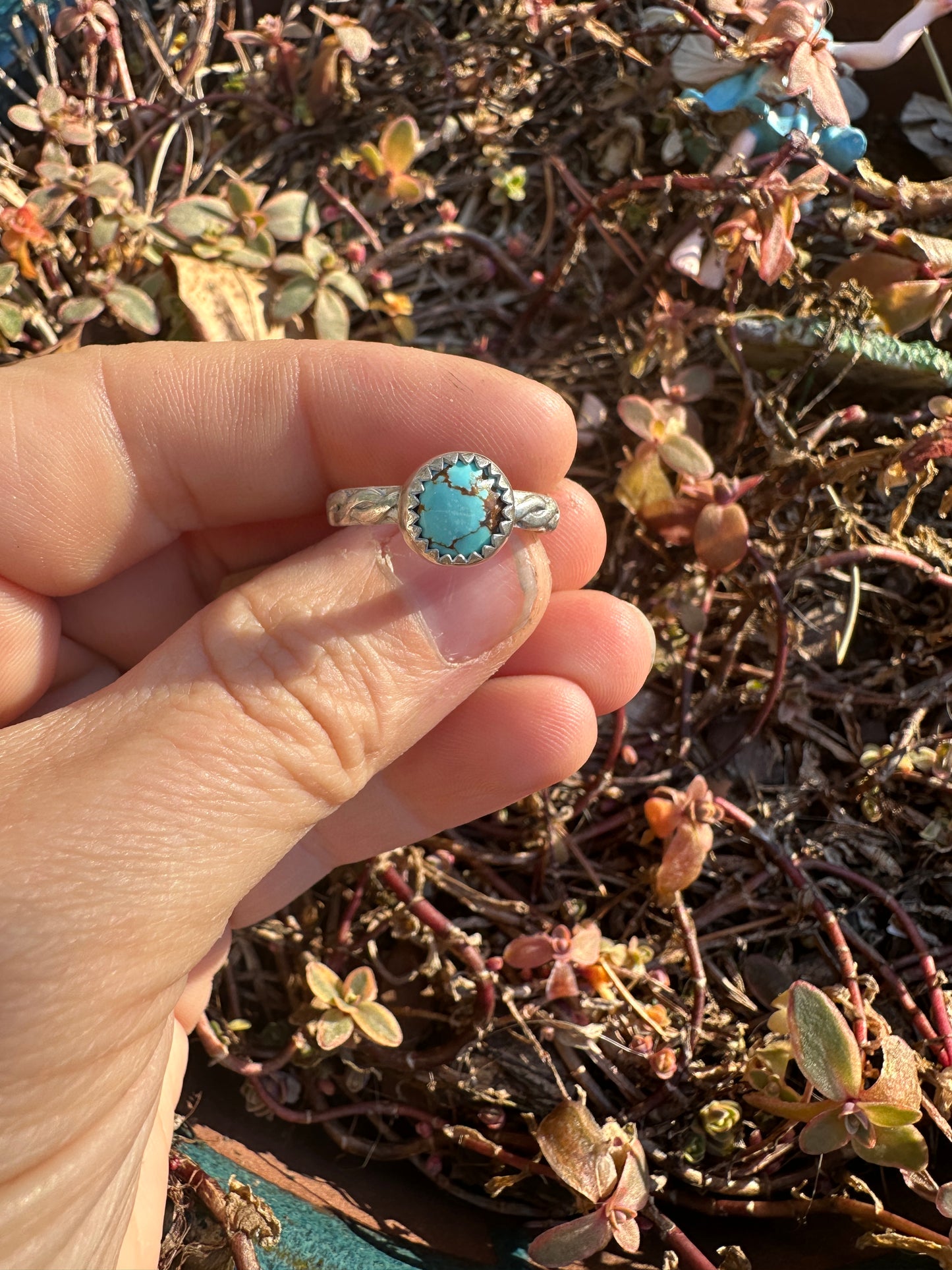 Small Round rustic turquoise ring size 7.5