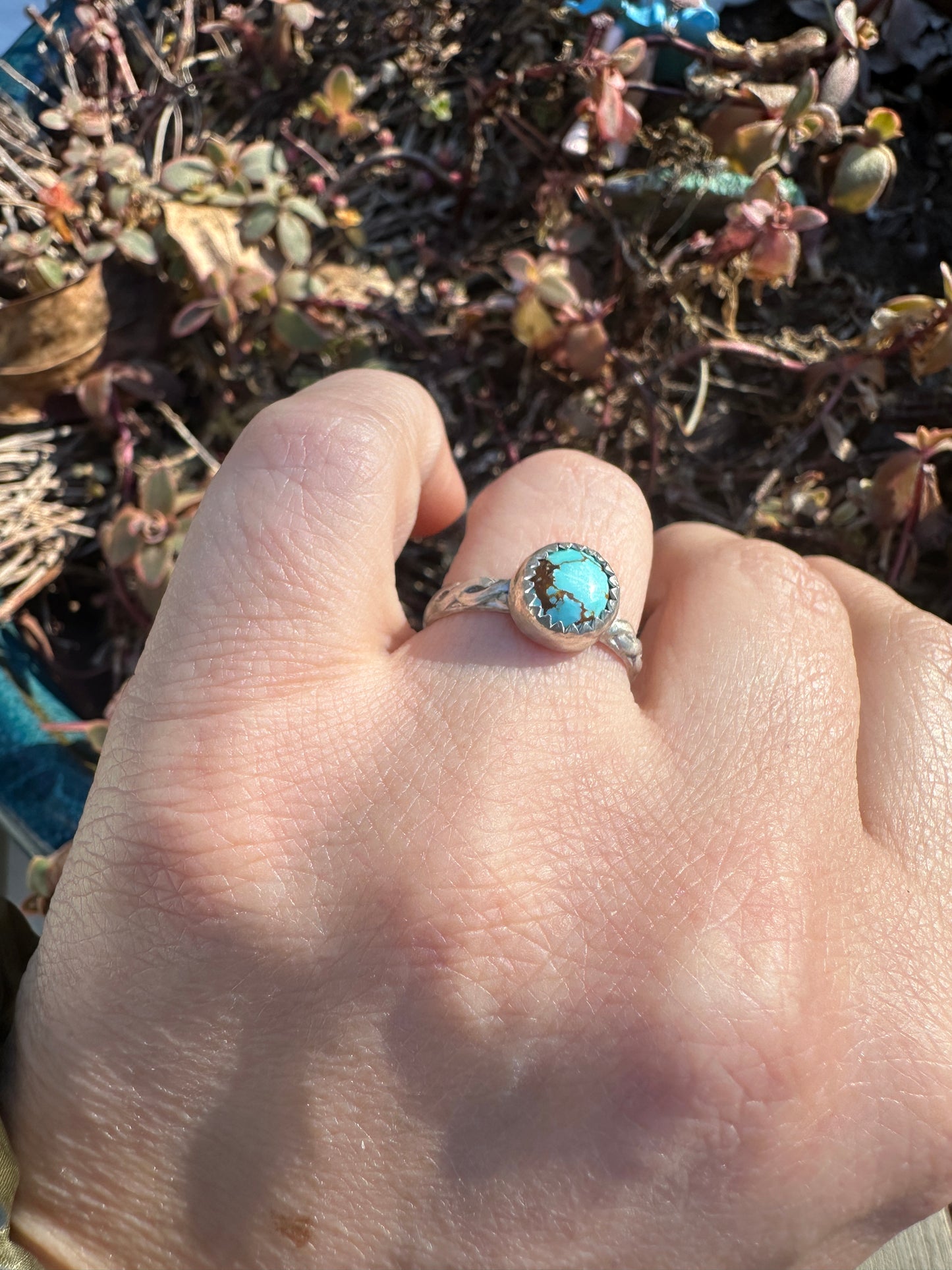 Small Round rustic turquoise ring size 7.5