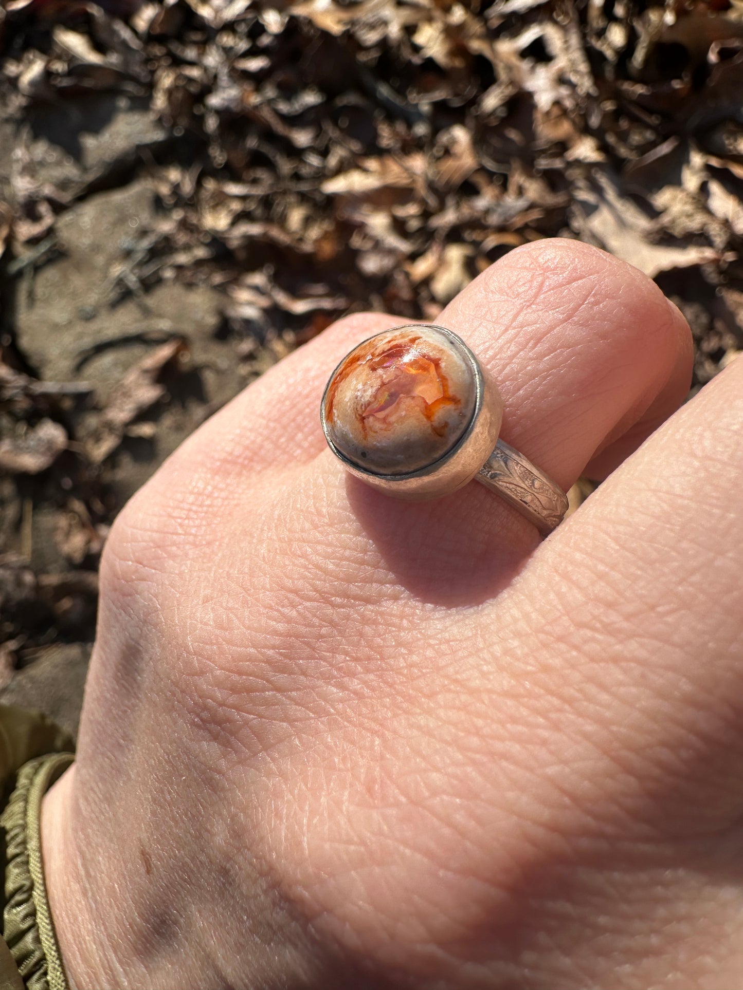 Fire Opal orange swirl ring size 7.5