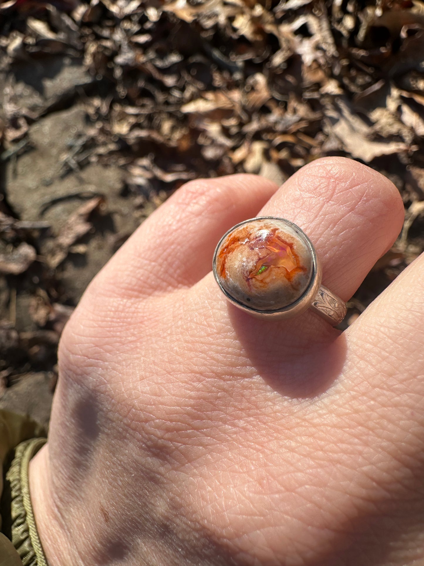 Fire Opal orange swirl ring size 7.5