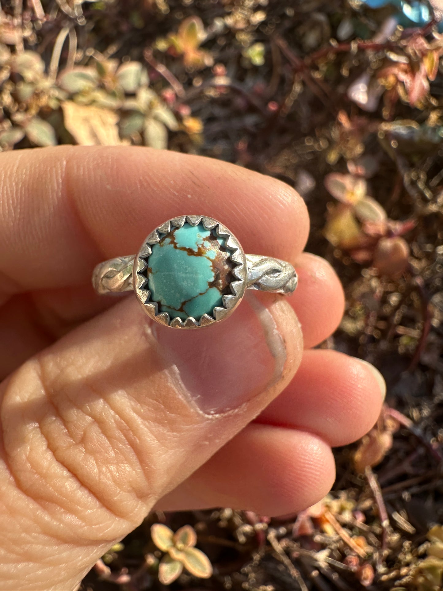 Small Round rustic turquoise ring size 7.5