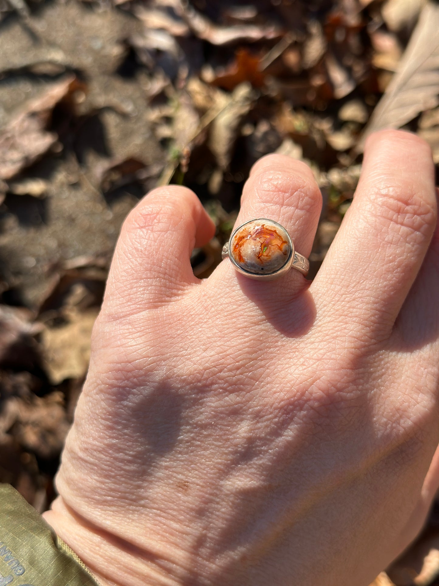 Fire Opal orange swirl ring size 7.5