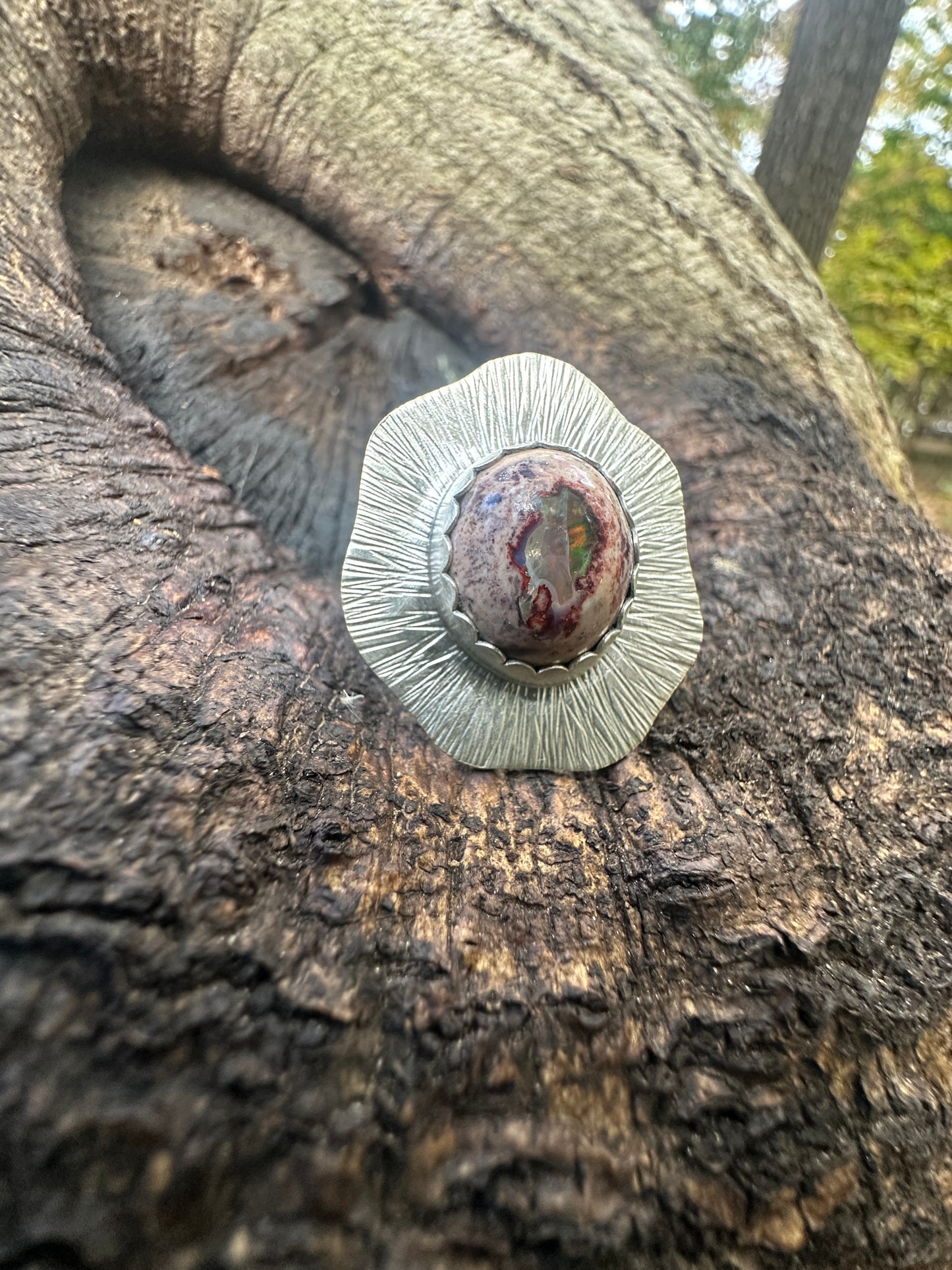 Organic Fire Opal burst ring - size 8