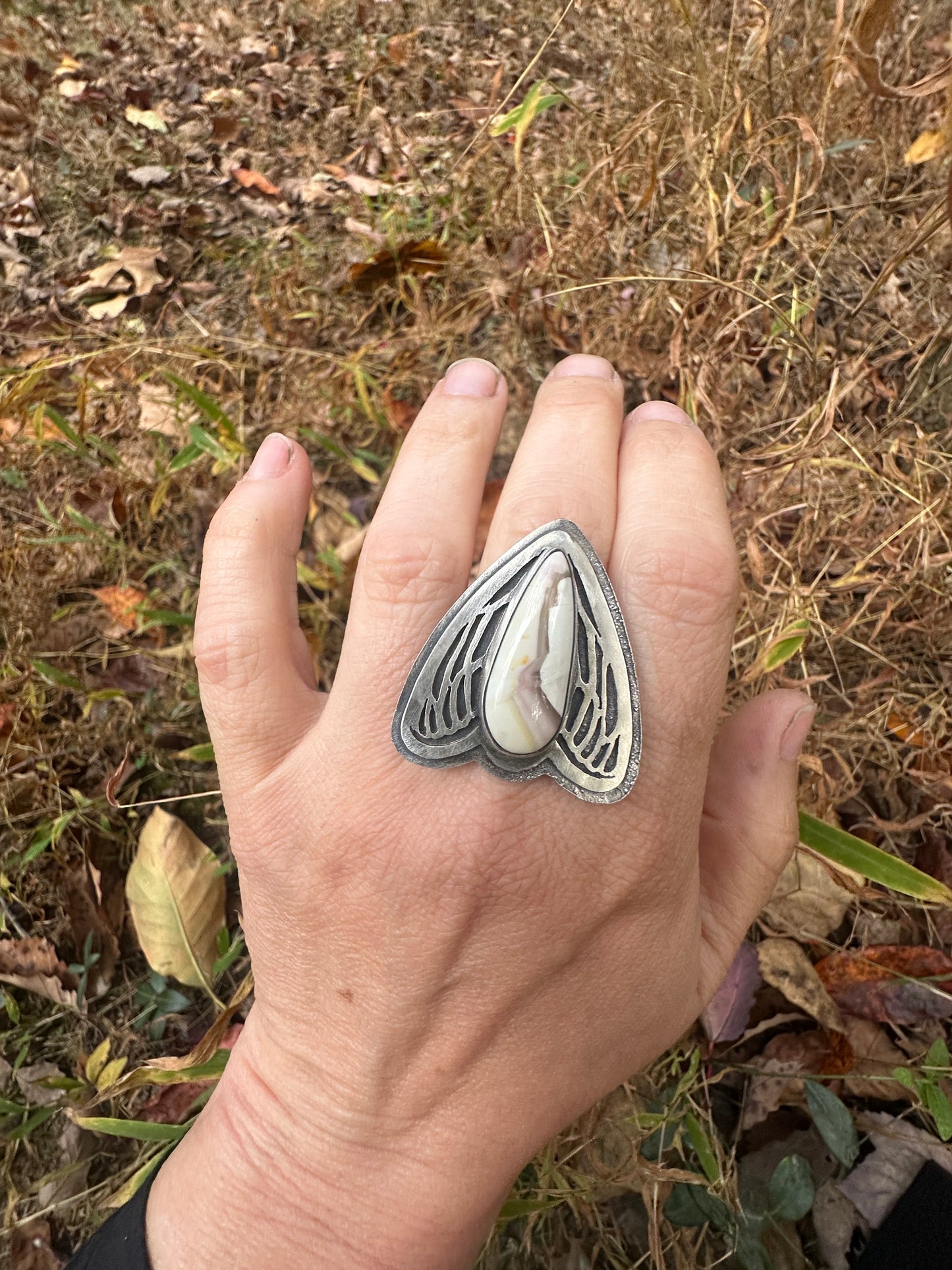 White Willow Jasper winged Ring size 7.5