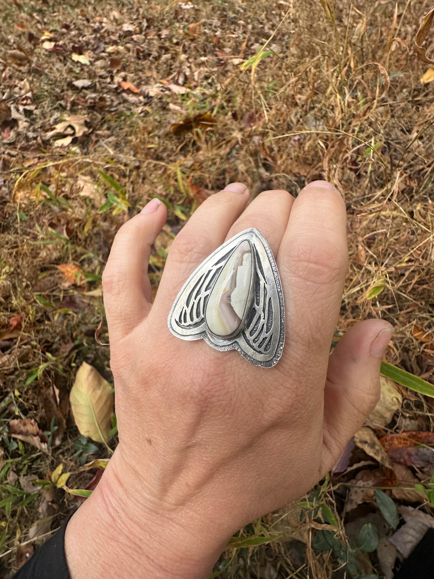 White Willow Jasper winged Ring size 7.5