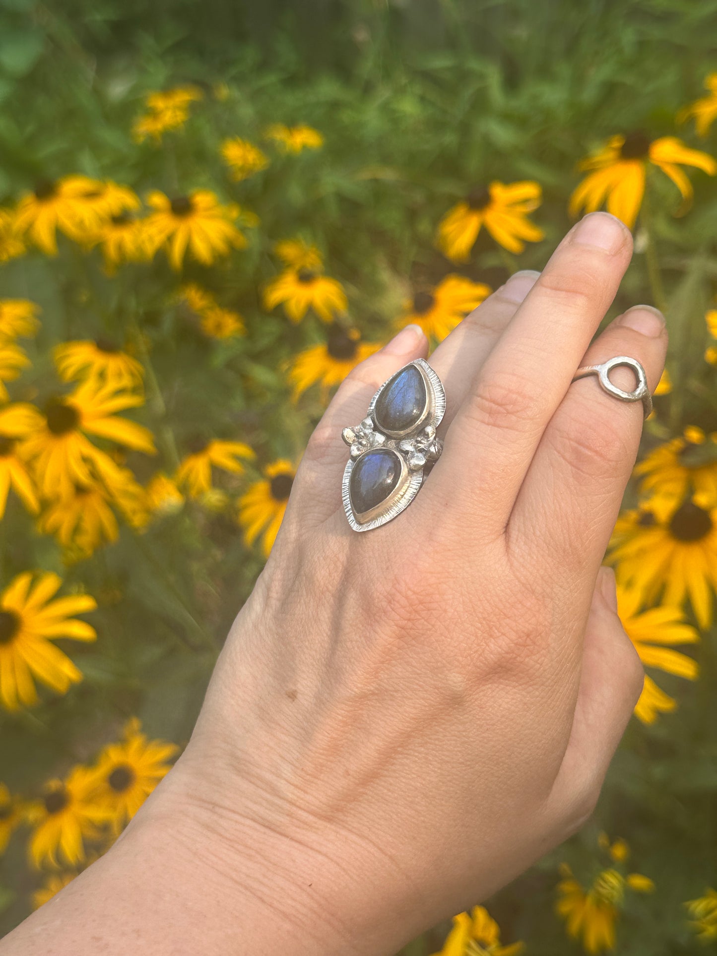 Labradorite + Succulent duo ring size 7.75