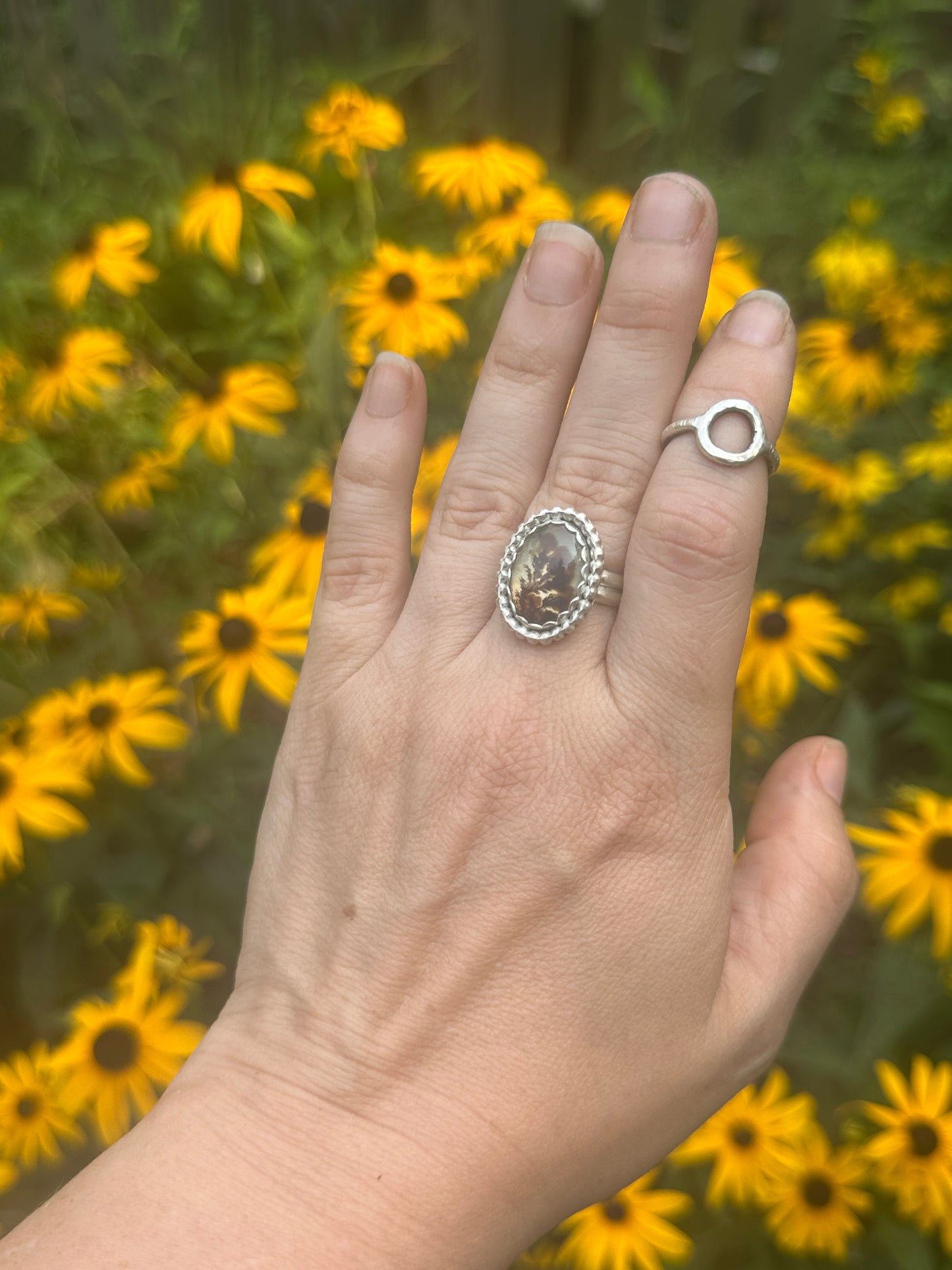 Oval Dendritic Agate embellished ring - size 8