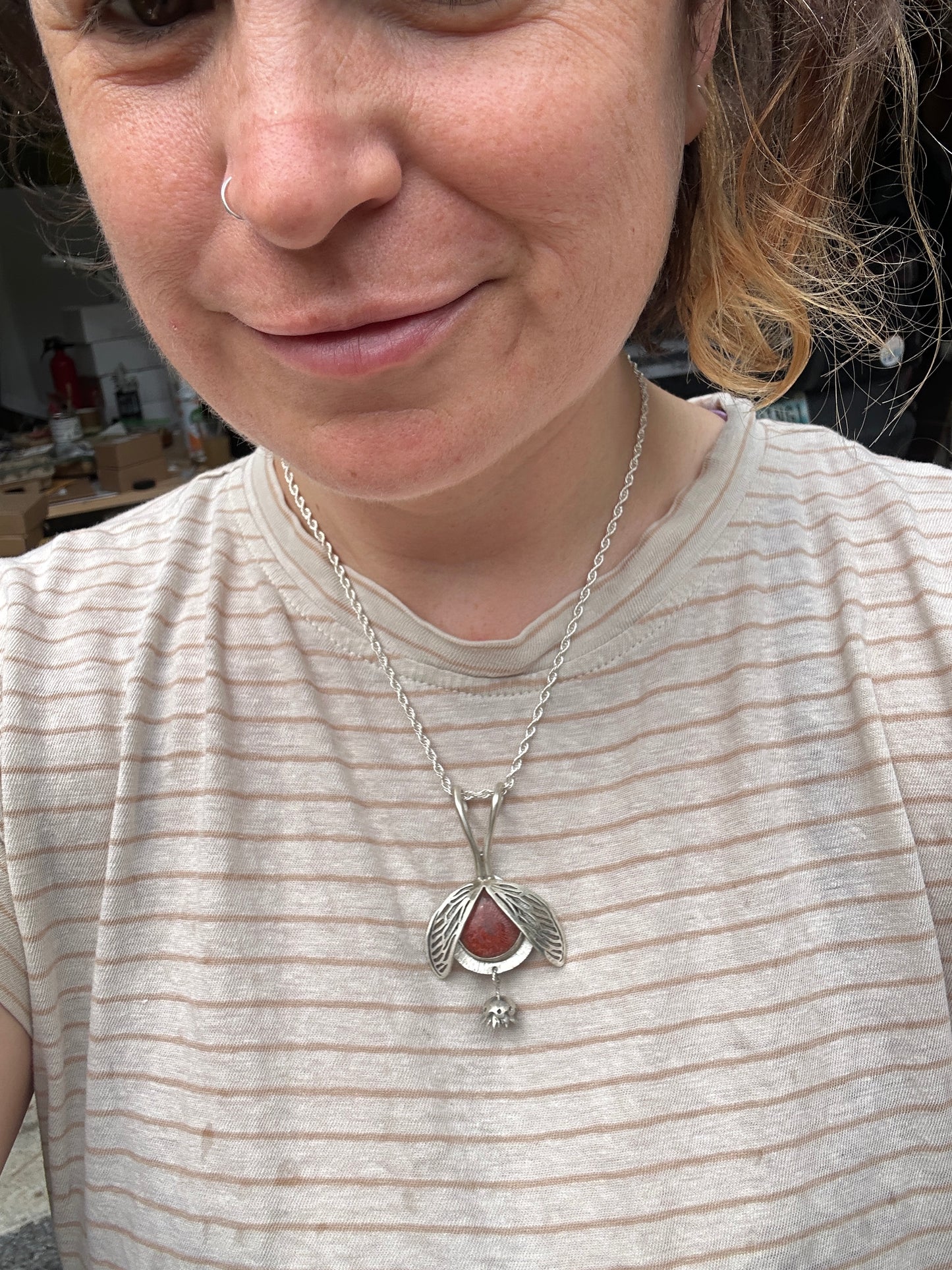 Red Horn Coral Winged Necklace with Charm
