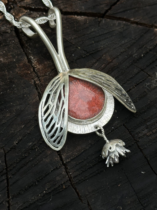 Red Horn Coral Winged Necklace with Charm