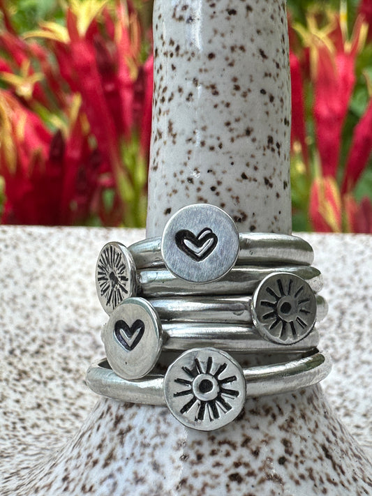 Sun or Heart stamped charm stacker ring