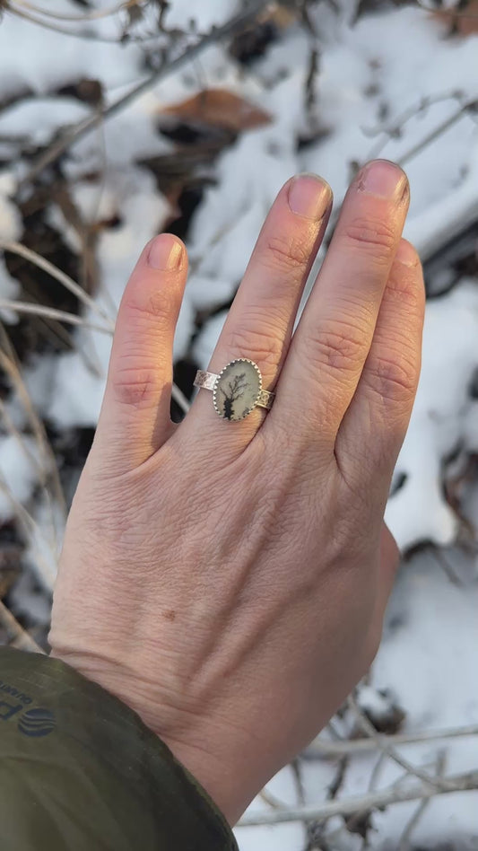 Oval dendritic agate tree ring size 7.5