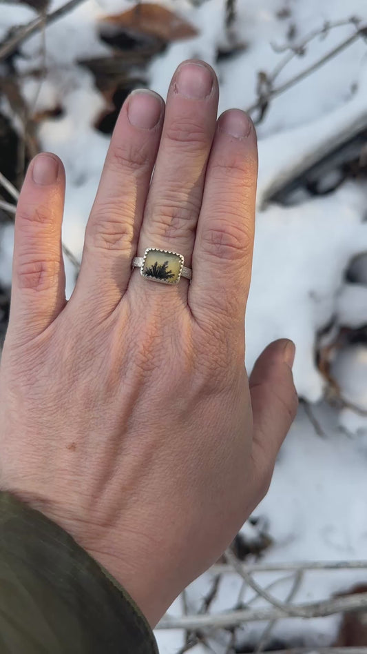 Rectangle dendritic agate bush ring size 8.5